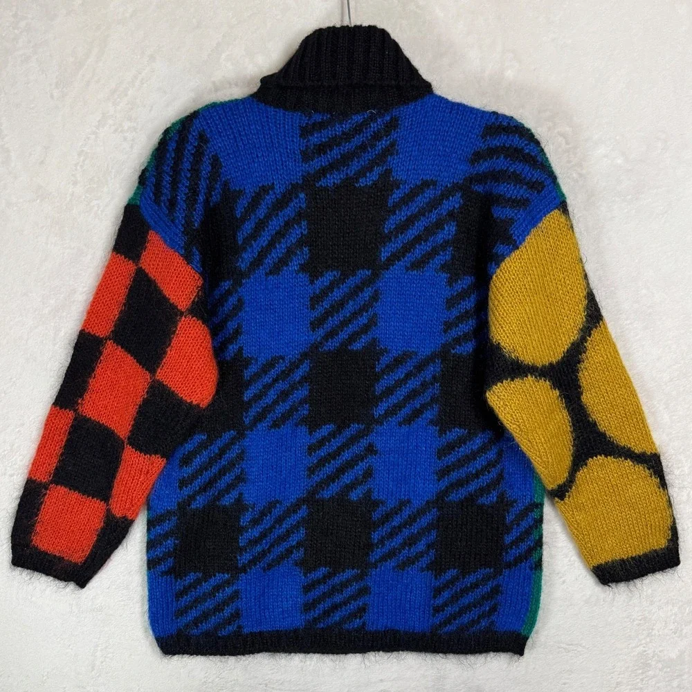 NWT Vintage Fuzzy Mohair Turtleneck Sweater M L Bold Colorblock‎ Plaid Graphic